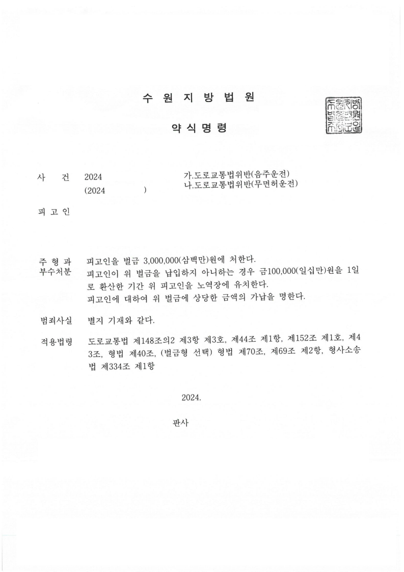 무면허 + 음주운전 = 벌금 300만 원